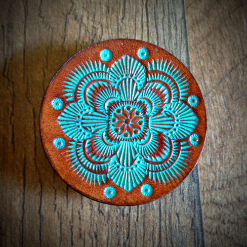 Hand Tooled Leather Turquoise Mandala Phone Grip