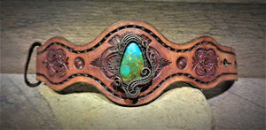 Copper Wire Woven Tyrone Turquoise Tooled Leather Cuff