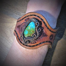 Load image into Gallery viewer, Copper Wire Woven Tyrone Turquoise Tooled Leather Cuff