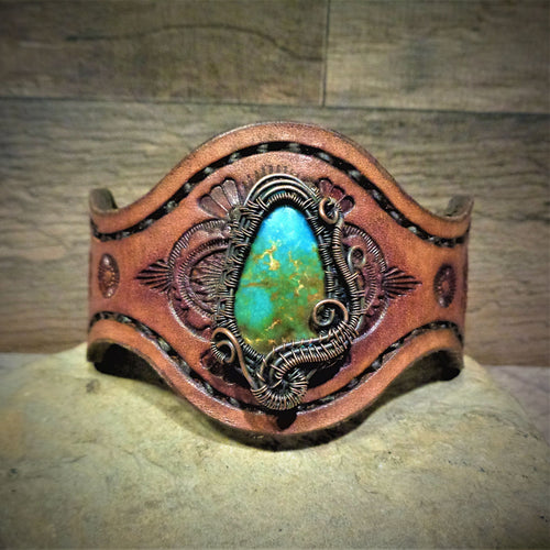 Copper Wire Woven Tyrone Turquoise Tooled Leather Cuff