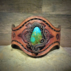 Copper Wire Woven Tyrone Turquoise Tooled Leather Cuff