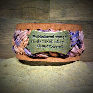 "Well Behaved Women..." Peach and Mauve Sari Ribbon Braided Leather Cuff
